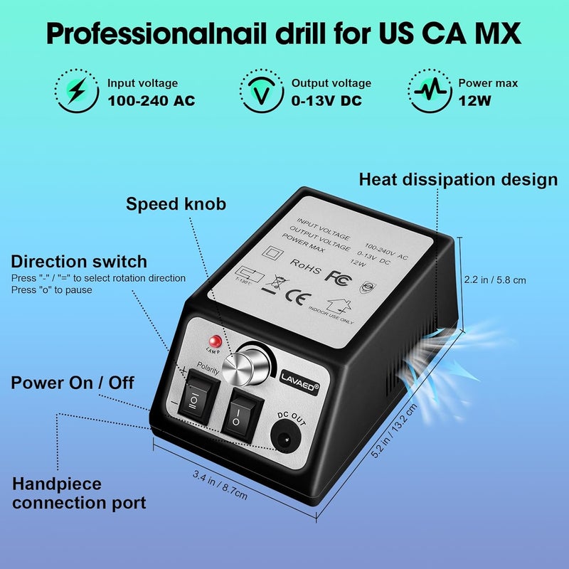 LAVAED Professional Nail Drill 35000RMP Electric Nail File Nail Filer Electric E Filer for Nails, Nails Drill Kit with Nail Drill Bits and Sanding Bands and for Acrylic Nail Gel Nail Manicure Pedicure - Image 2